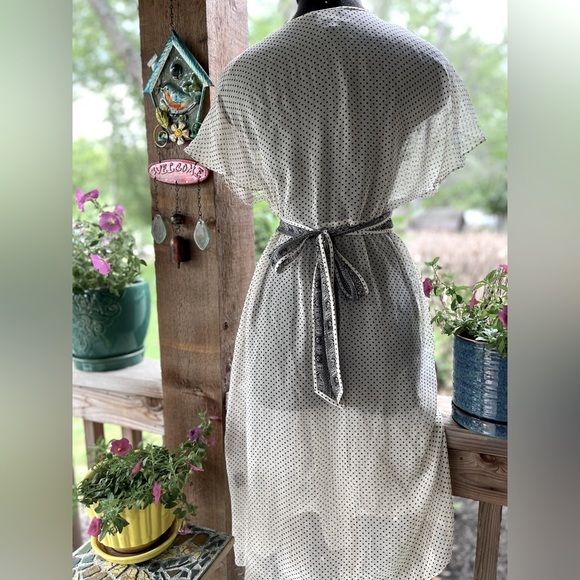 Vintage Adrianna Papell Silk Sheer Ivory & Black Polka Dot Flutter Sleeve Dress - Picture 7 of 12